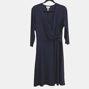 CHICO'S Travelers Non-Wrinkle Navy Pullover Faux Wrap Front Midi Dress